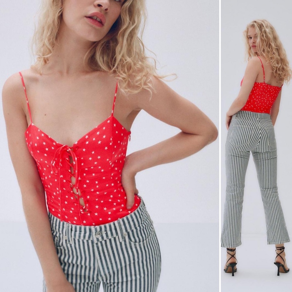 NWT ZARA Red Star Printed Satin Effect Open Tie Front Bodysuit Size SMALL